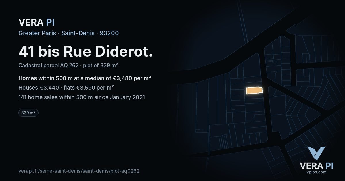 41 bis Rue Diderot, Saint-Denis at night – the plot lit, the parcels around coloured by the prices near them
