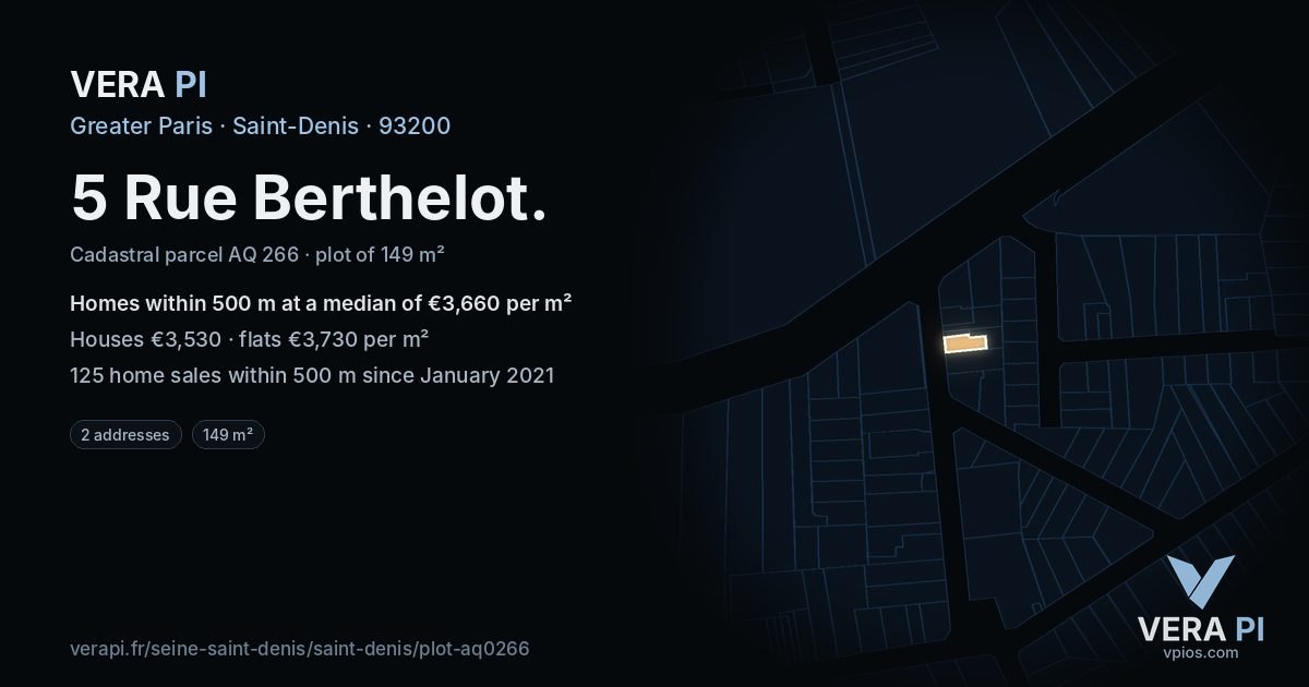 5 Rue Berthelot, Saint-Denis at night – the plot lit, the parcels around coloured by the prices near them