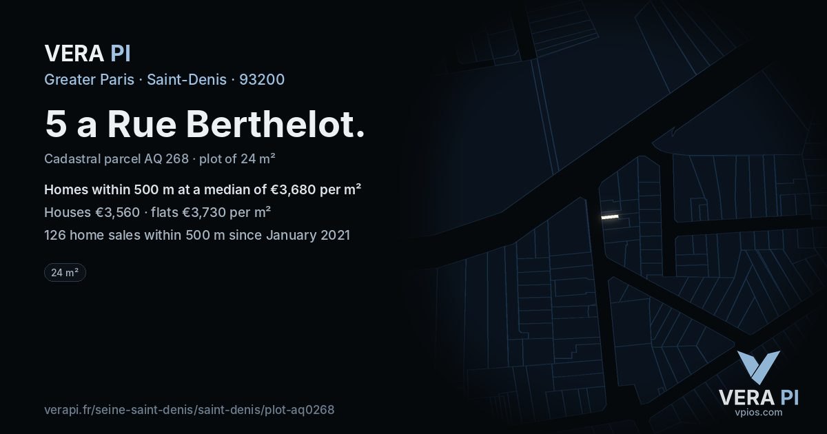 5 a Rue Berthelot, Saint-Denis at night – the plot lit, the parcels around coloured by the prices near them