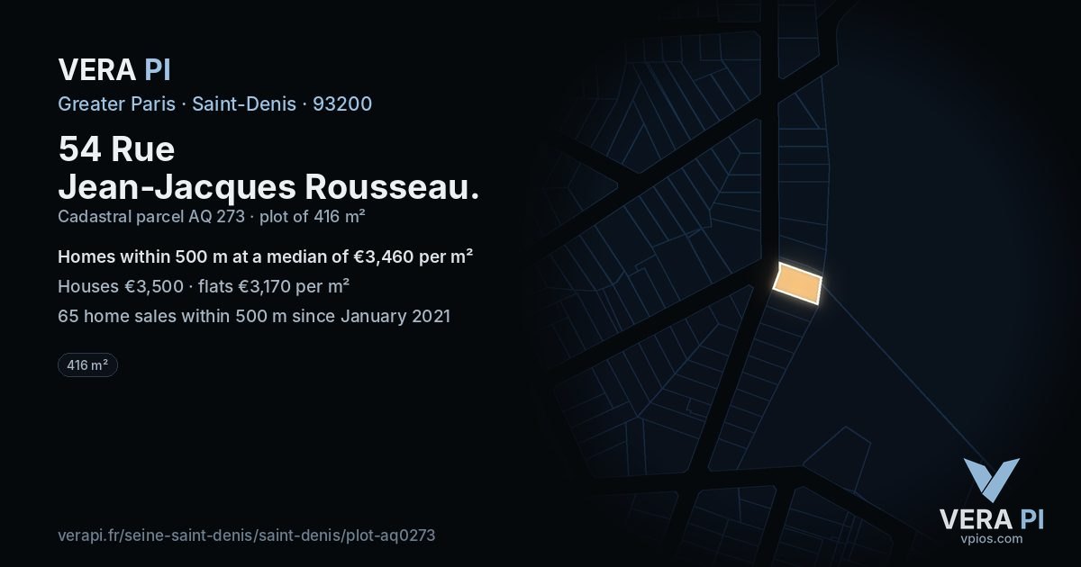 54 Rue Jean-Jacques Rousseau, Saint-Denis at night – the plot lit, the parcels around coloured by the prices near them