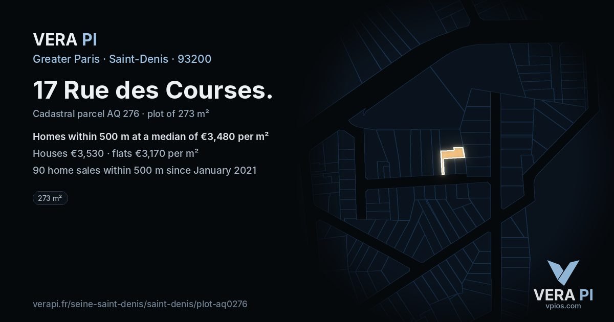 17 Rue des Courses, Saint-Denis at night – the plot lit, the parcels around coloured by the prices near them