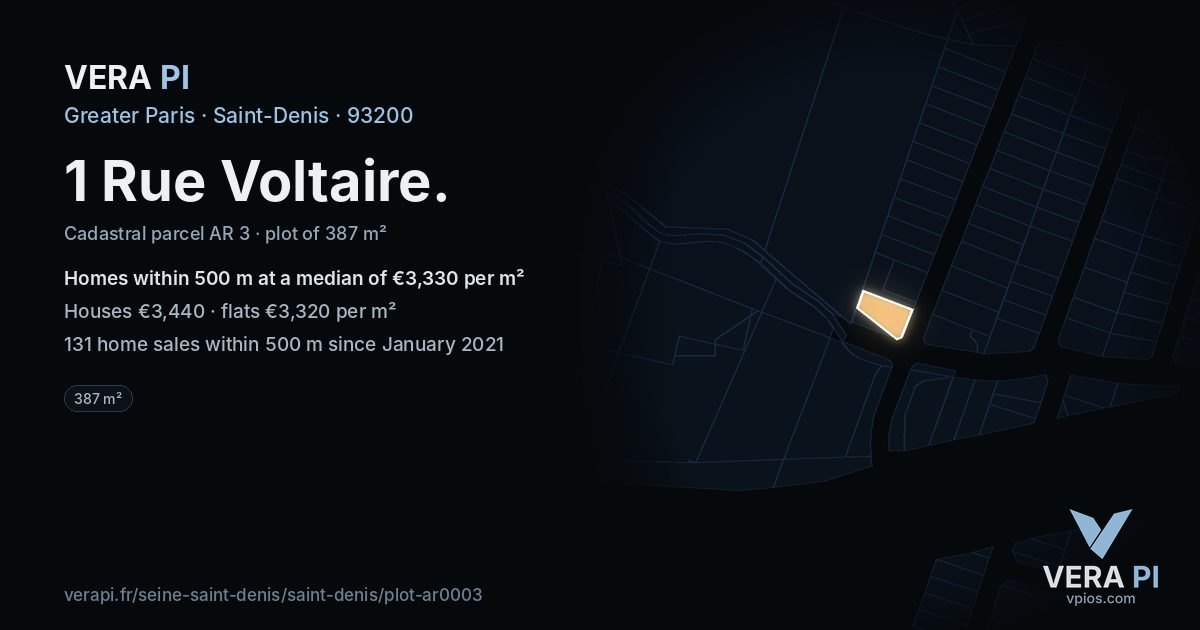 1 Rue Voltaire, Saint-Denis at night – the plot lit, the parcels around coloured by the prices near them