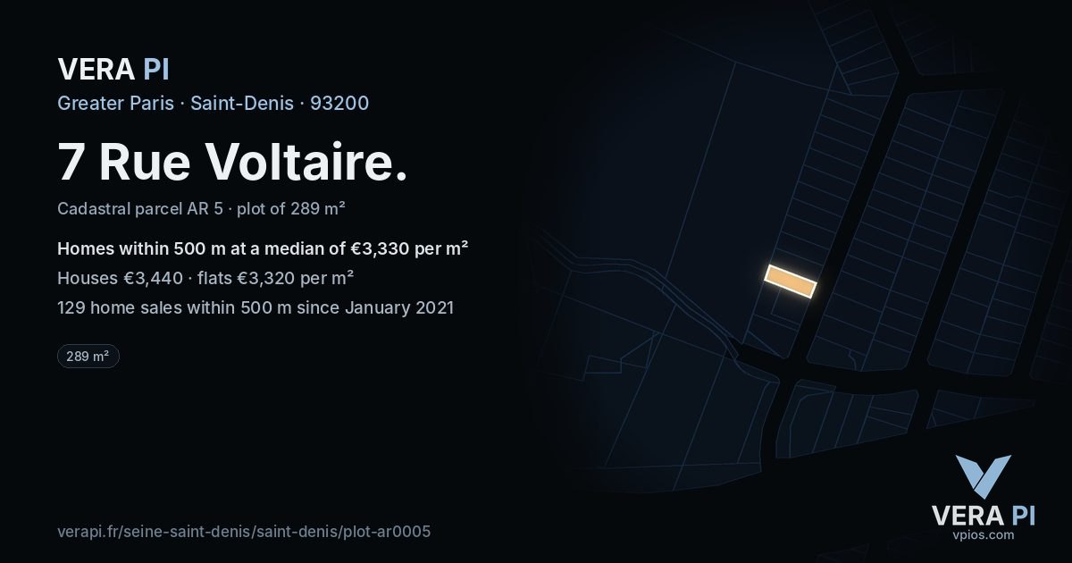 7 Rue Voltaire, Saint-Denis at night – the plot lit, the parcels around coloured by the prices near them