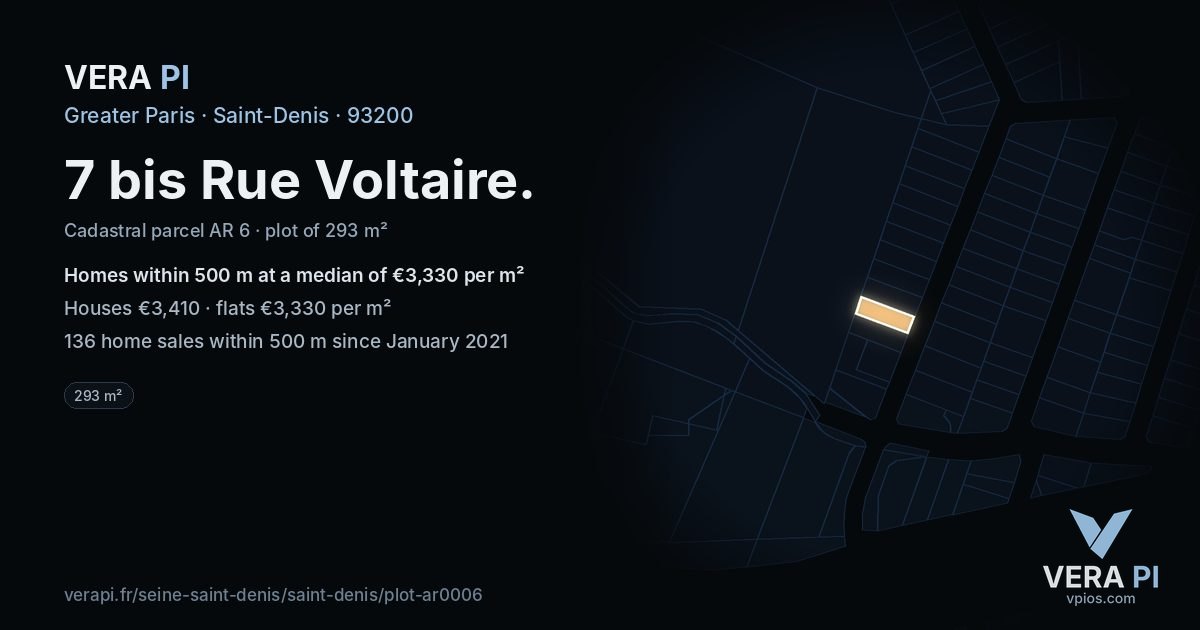 7 bis Rue Voltaire, Saint-Denis at night – the plot lit, the parcels around coloured by the prices near them