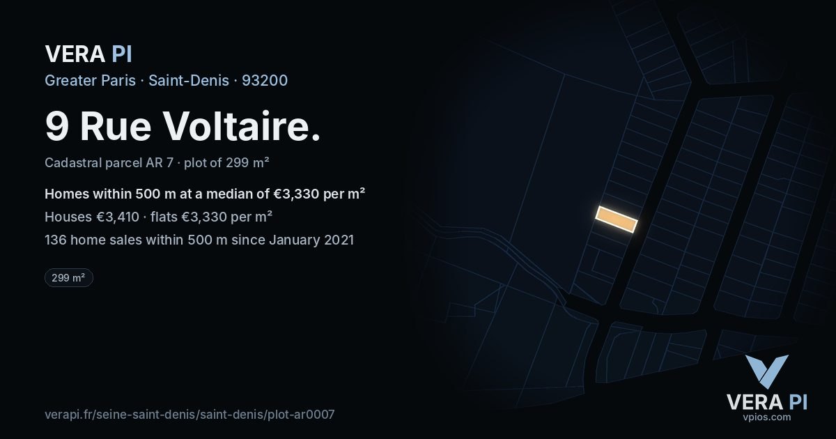 9 Rue Voltaire, Saint-Denis at night – the plot lit, the parcels around coloured by the prices near them