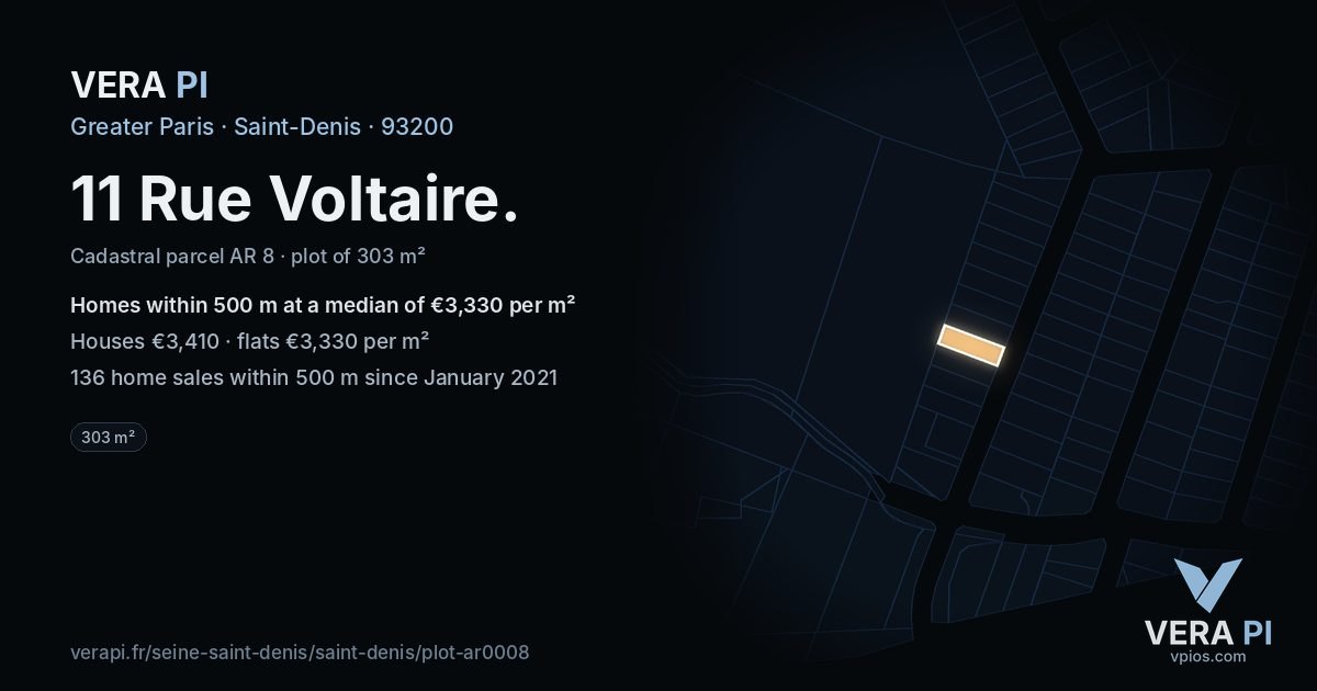 11 Rue Voltaire, Saint-Denis at night – the plot lit, the parcels around coloured by the prices near them