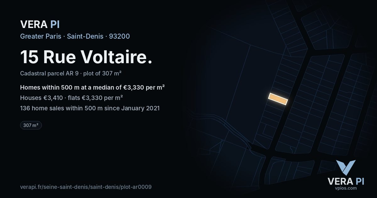 15 Rue Voltaire, Saint-Denis at night – the plot lit, the parcels around coloured by the prices near them