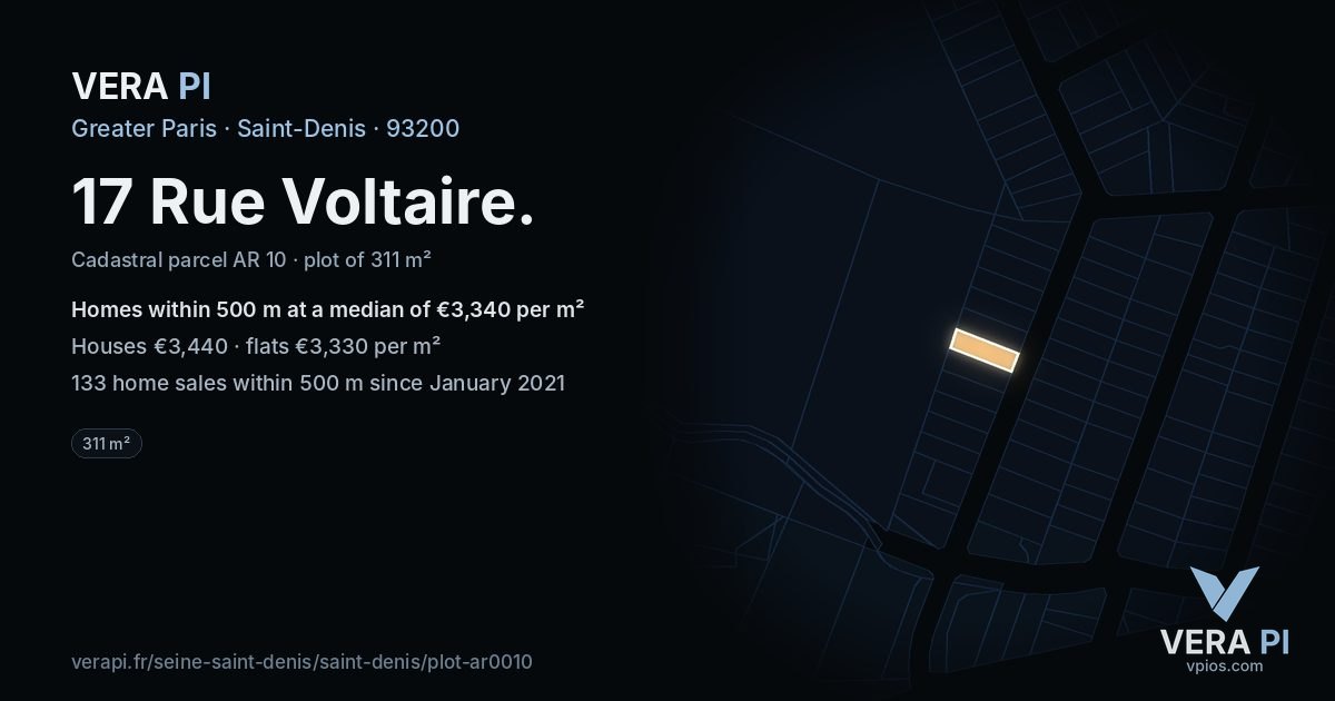 17 Rue Voltaire, Saint-Denis at night – the plot lit, the parcels around coloured by the prices near them