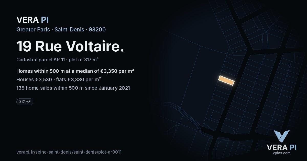 19 Rue Voltaire, Saint-Denis at night – the plot lit, the parcels around coloured by the prices near them
