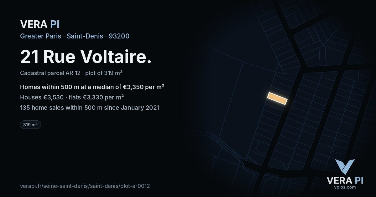 21 Rue Voltaire, Saint-Denis at night – the plot lit, the parcels around coloured by the prices near them