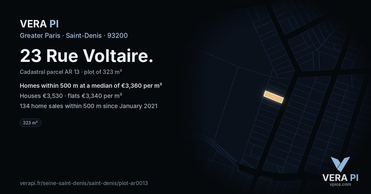 23 Rue Voltaire, Saint-Denis at night – the plot lit, the parcels around coloured by the prices near them