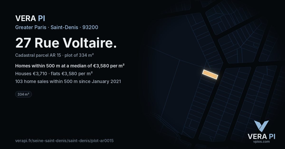 27 Rue Voltaire, Saint-Denis at night – the plot lit, the parcels around coloured by the prices near them
