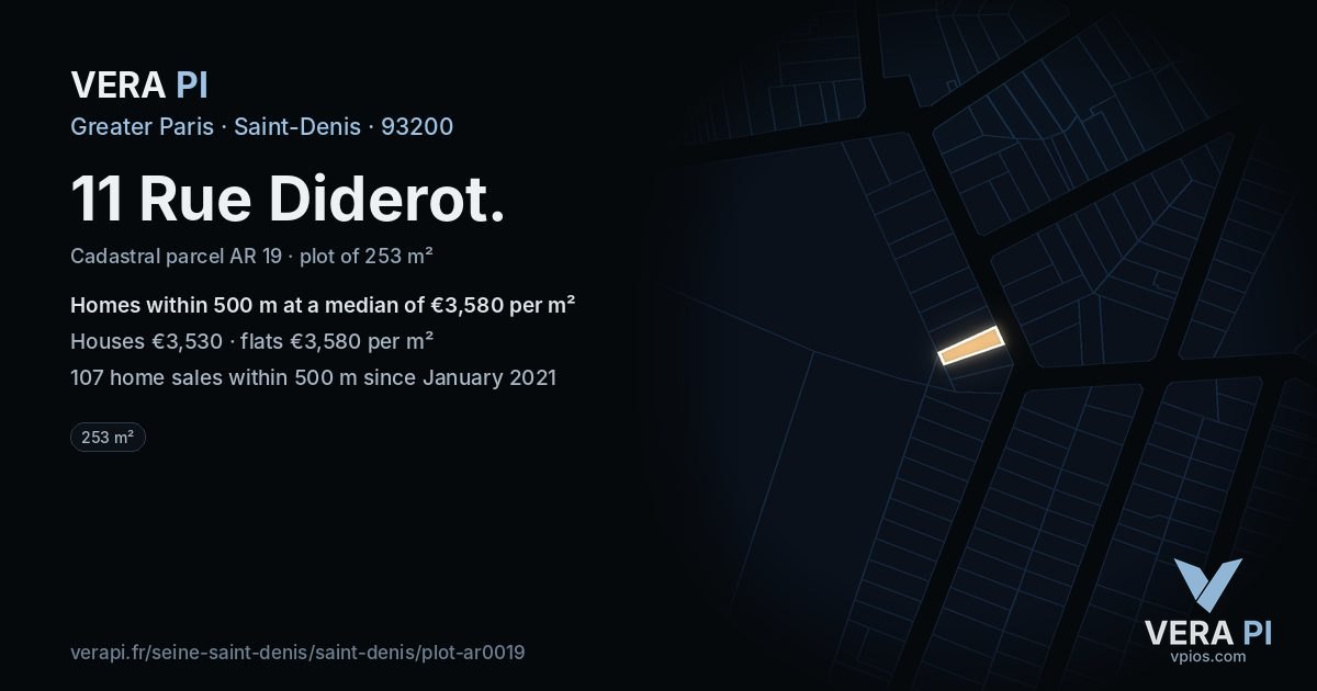 11 Rue Diderot, Saint-Denis at night – the plot lit, the parcels around coloured by the prices near them