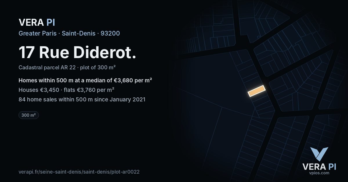 17 Rue Diderot, Saint-Denis at night – the plot lit, the parcels around coloured by the prices near them