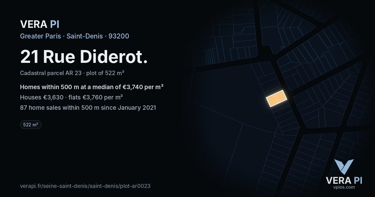 21 Rue Diderot, Saint-Denis at night – the plot lit, the parcels around coloured by the prices near them