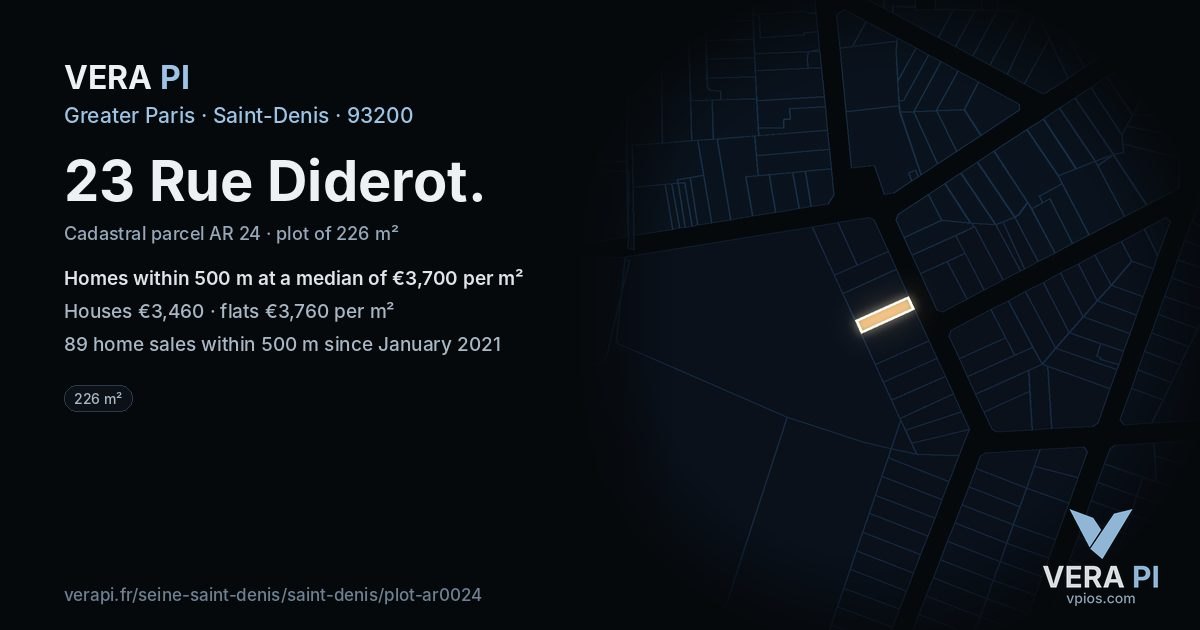 23 Rue Diderot, Saint-Denis at night – the plot lit, the parcels around coloured by the prices near them