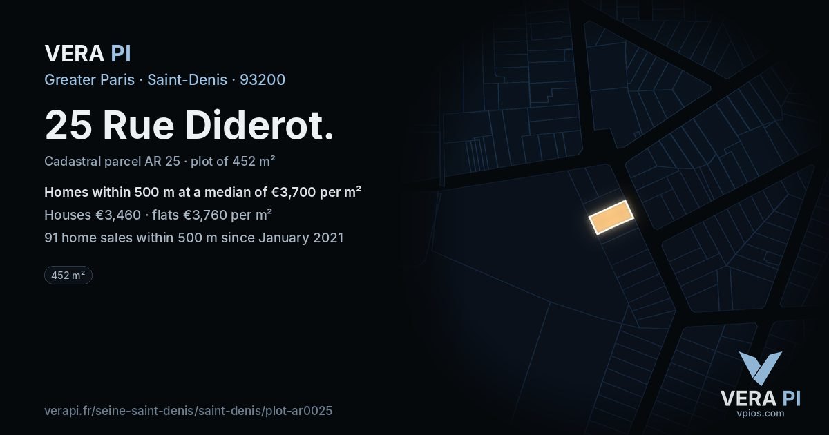 25 Rue Diderot, Saint-Denis at night – the plot lit, the parcels around coloured by the prices near them