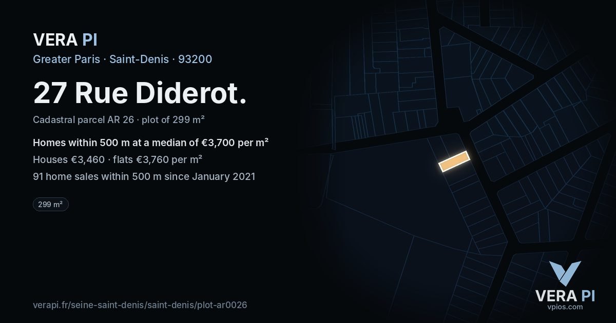 27 Rue Diderot, Saint-Denis at night – the plot lit, the parcels around coloured by the prices near them