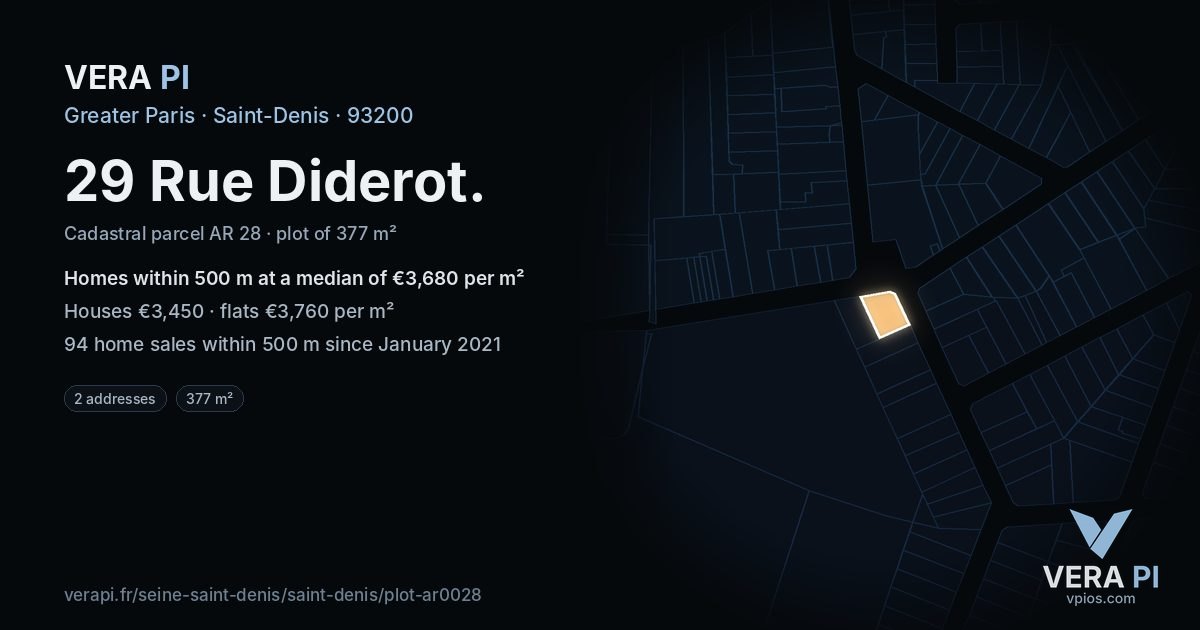 29 Rue Diderot, Saint-Denis at night – the plot lit, the parcels around coloured by the prices near them
