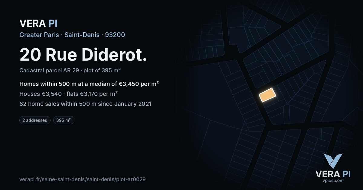 20 Rue Diderot, Saint-Denis at night – the plot lit, the parcels around coloured by the prices near them