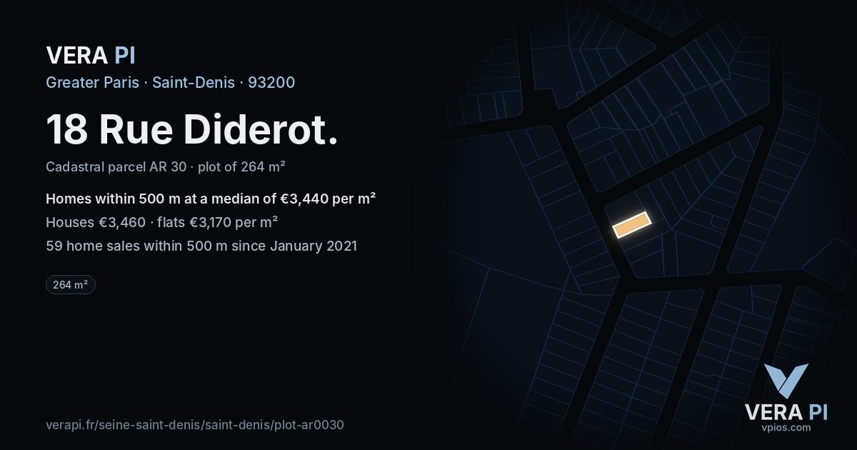 18 Rue Diderot, Saint-Denis at night – the plot lit, the parcels around coloured by the prices near them