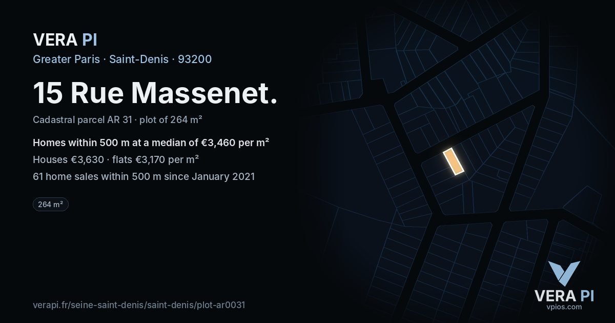 15 Rue Massenet, Saint-Denis at night – the plot lit, the parcels around coloured by the prices near them