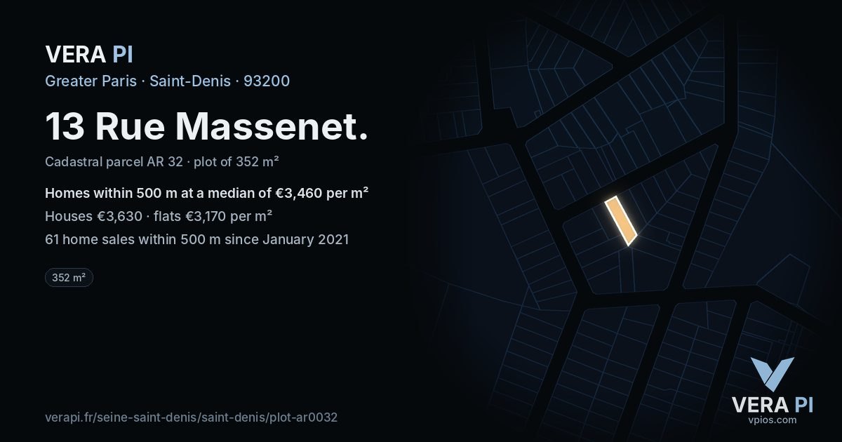 13 Rue Massenet, Saint-Denis at night – the plot lit, the parcels around coloured by the prices near them