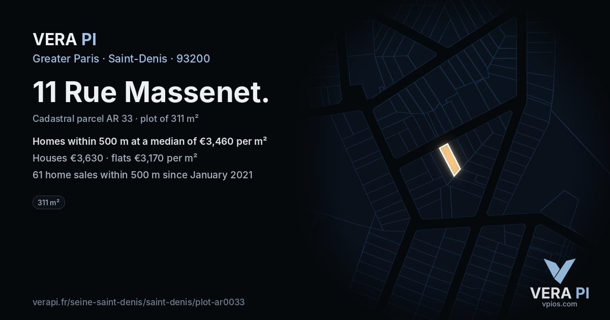 11 Rue Massenet, Saint-Denis at night – the plot lit, the parcels around coloured by the prices near them