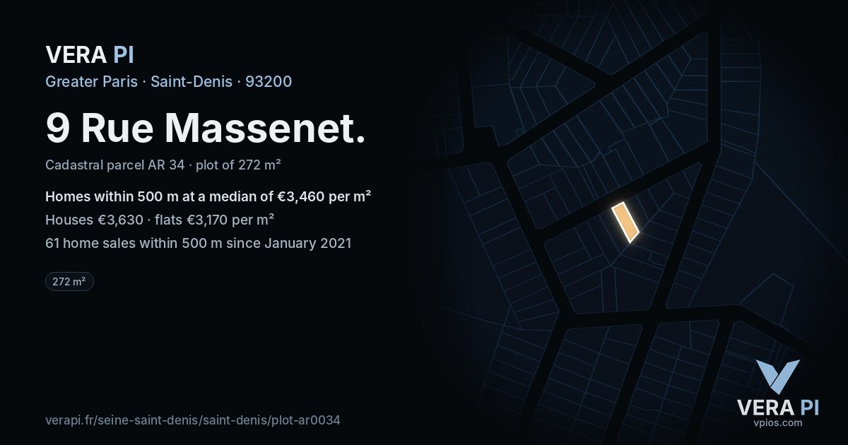 9 Rue Massenet, Saint-Denis at night – the plot lit, the parcels around coloured by the prices near them