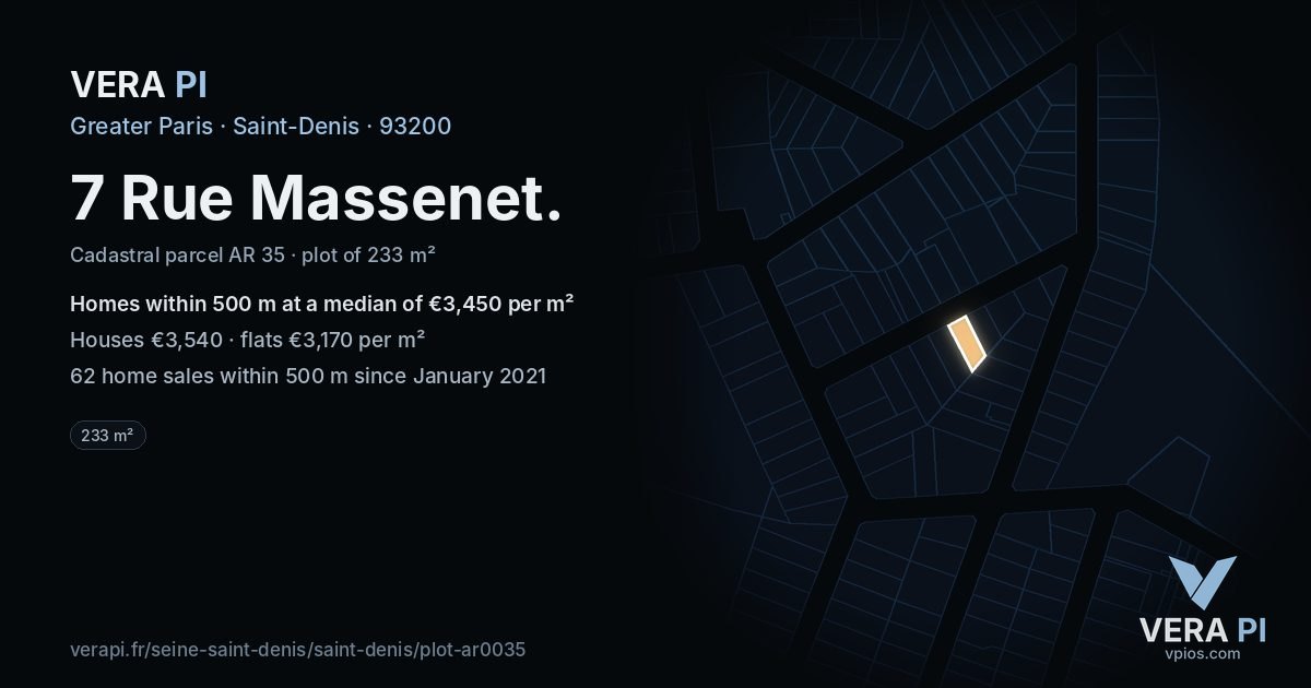 7 Rue Massenet, Saint-Denis at night – the plot lit, the parcels around coloured by the prices near them
