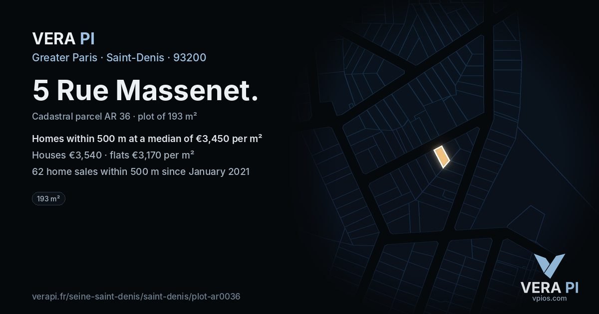 5 Rue Massenet, Saint-Denis at night – the plot lit, the parcels around coloured by the prices near them