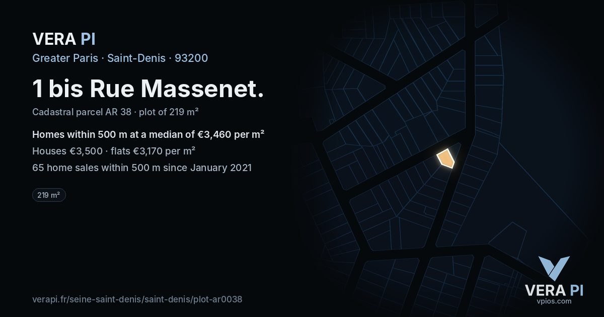 1 bis Rue Massenet, Saint-Denis at night – the plot lit, the parcels around coloured by the prices near them
