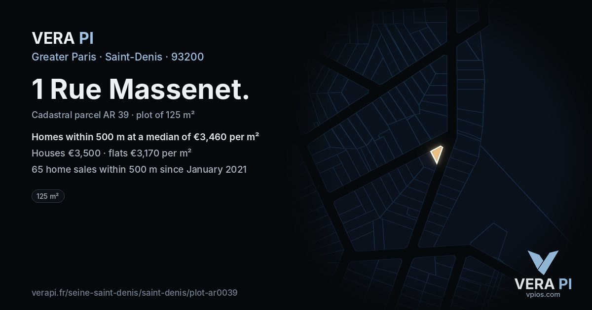 1 Rue Massenet, Saint-Denis at night – the plot lit, the parcels around coloured by the prices near them