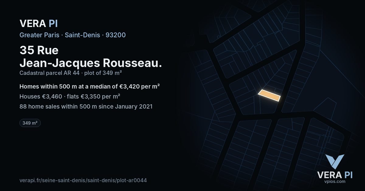 35 Rue Jean-Jacques Rousseau, Saint-Denis at night – the plot lit, the parcels around coloured by the prices near them