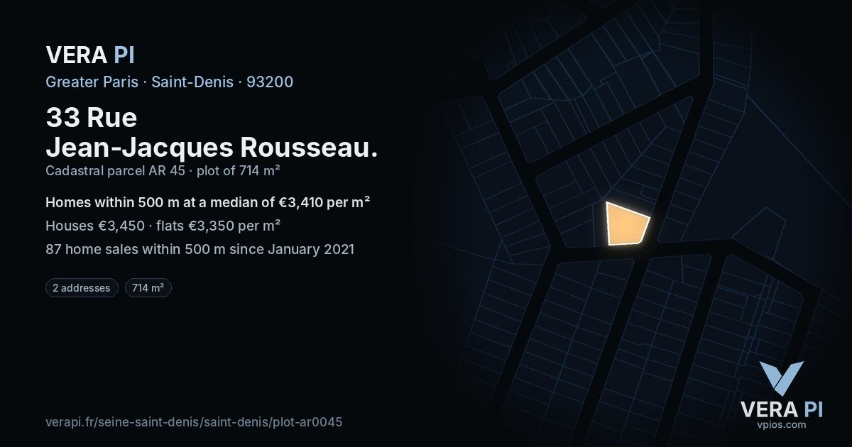 33 Rue Jean-Jacques Rousseau, Saint-Denis at night – the plot lit, the parcels around coloured by the prices near them