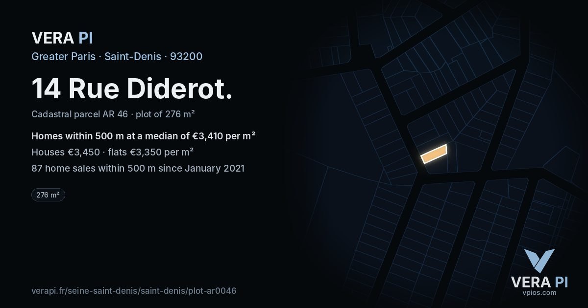 14 Rue Diderot, Saint-Denis at night – the plot lit, the parcels around coloured by the prices near them