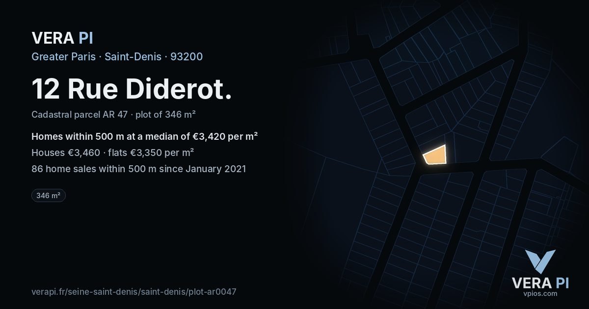 12 Rue Diderot, Saint-Denis at night – the plot lit, the parcels around coloured by the prices near them