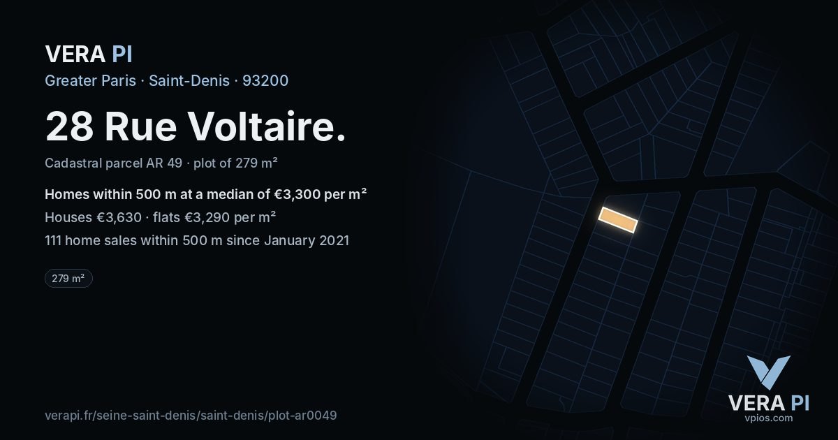 28 Rue Voltaire, Saint-Denis at night – the plot lit, the parcels around coloured by the prices near them