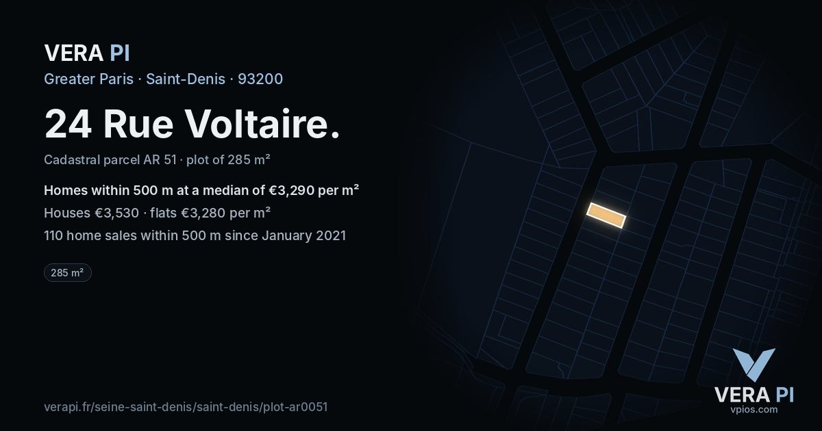24 Rue Voltaire, Saint-Denis at night – the plot lit, the parcels around coloured by the prices near them