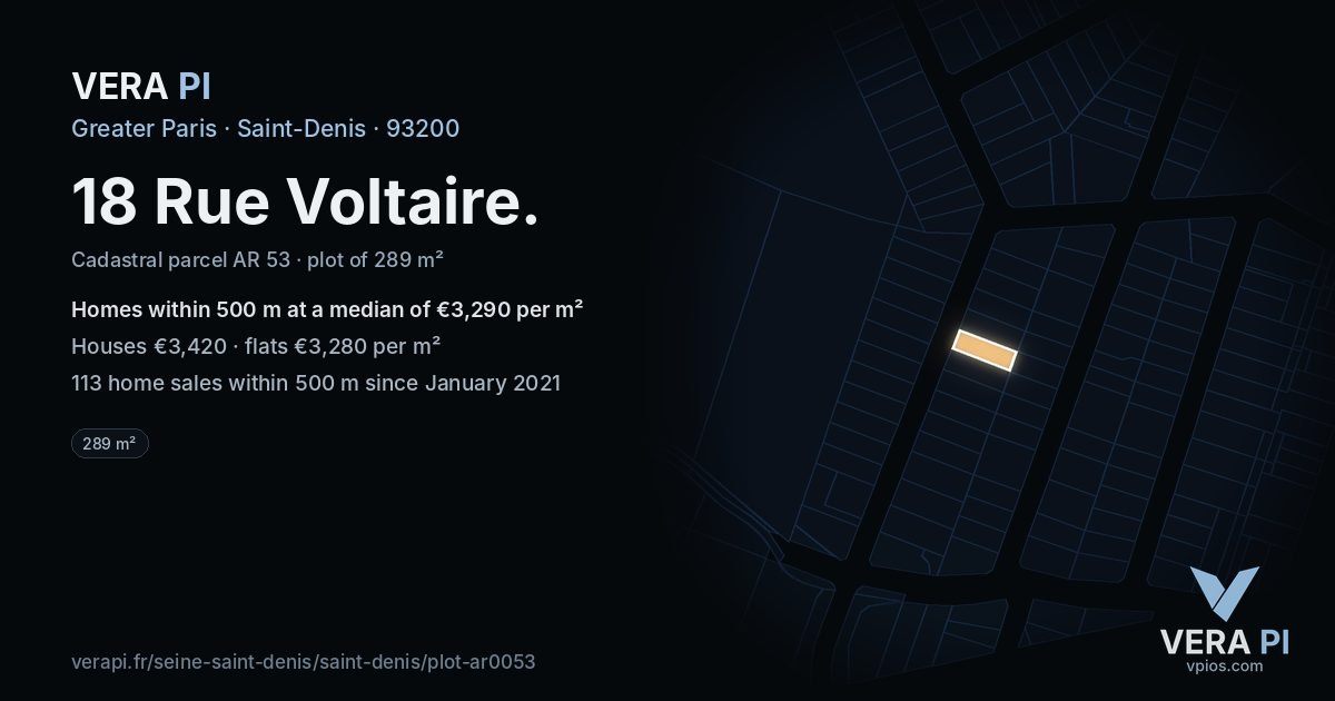 18 Rue Voltaire, Saint-Denis at night – the plot lit, the parcels around coloured by the prices near them