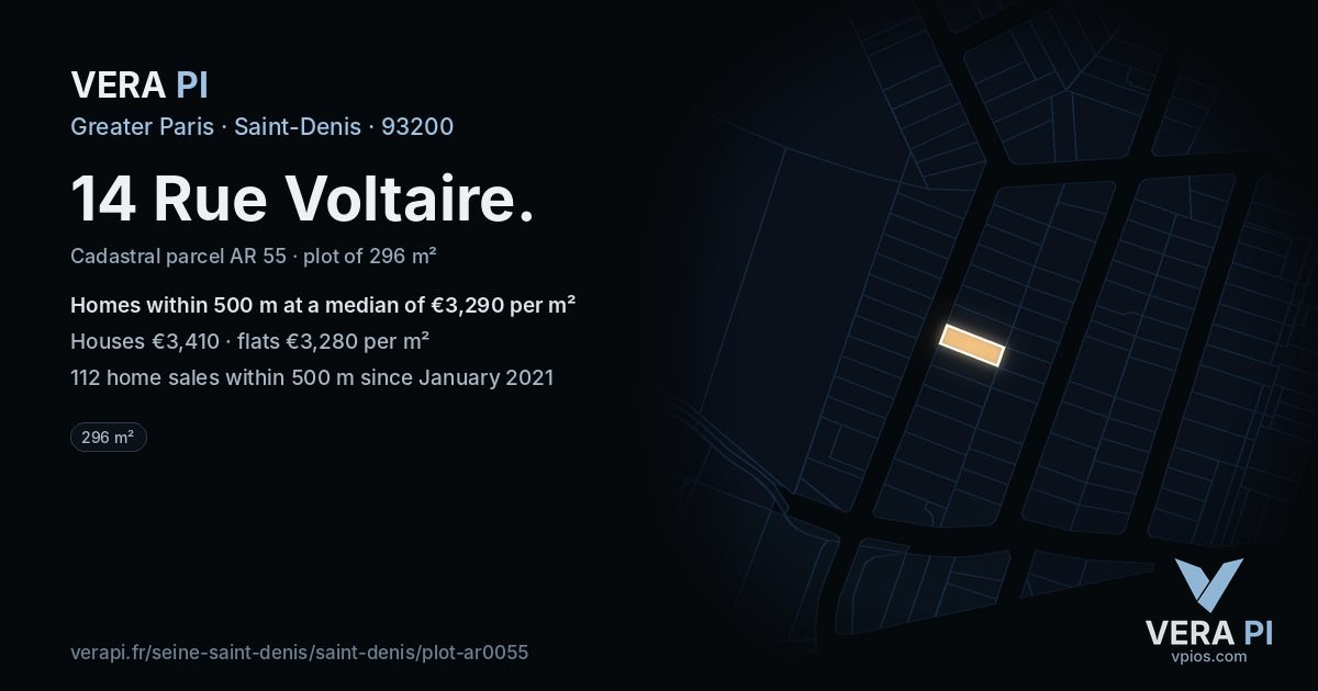 14 Rue Voltaire, Saint-Denis at night – the plot lit, the parcels around coloured by the prices near them