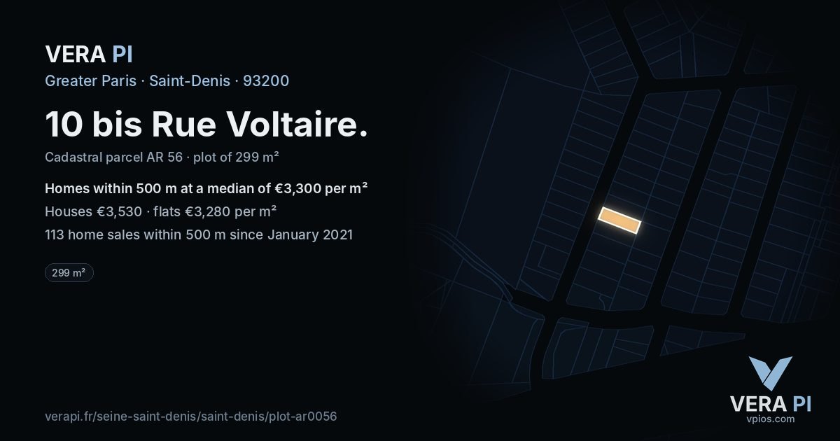 10 bis Rue Voltaire, Saint-Denis at night – the plot lit, the parcels around coloured by the prices near them