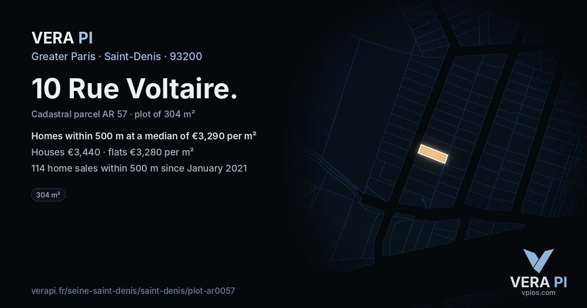 10 Rue Voltaire, Saint-Denis at night – the plot lit, the parcels around coloured by the prices near them