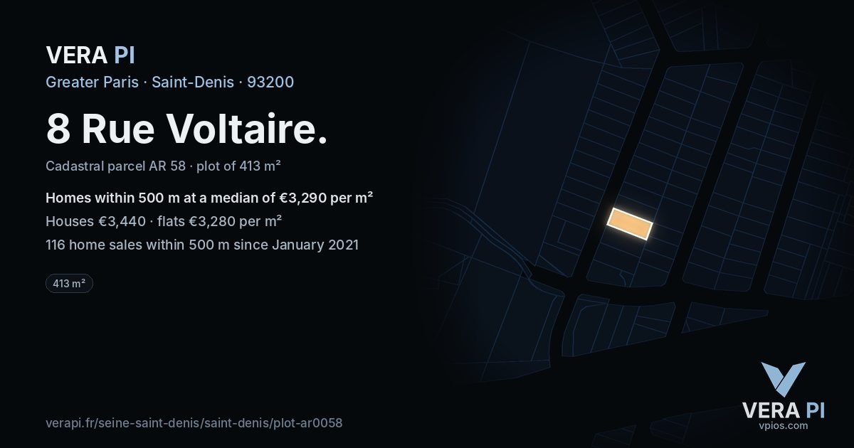 8 Rue Voltaire, Saint-Denis at night – the plot lit, the parcels around coloured by the prices near them