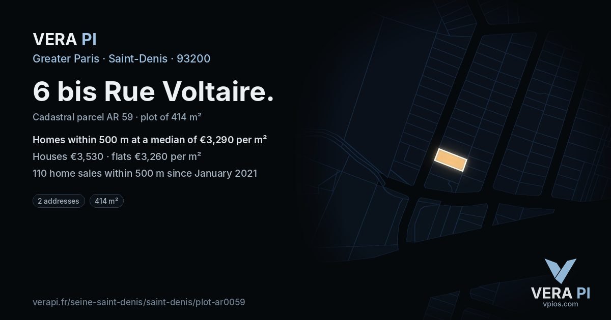 6 bis Rue Voltaire, Saint-Denis at night – the plot lit, the parcels around coloured by the prices near them