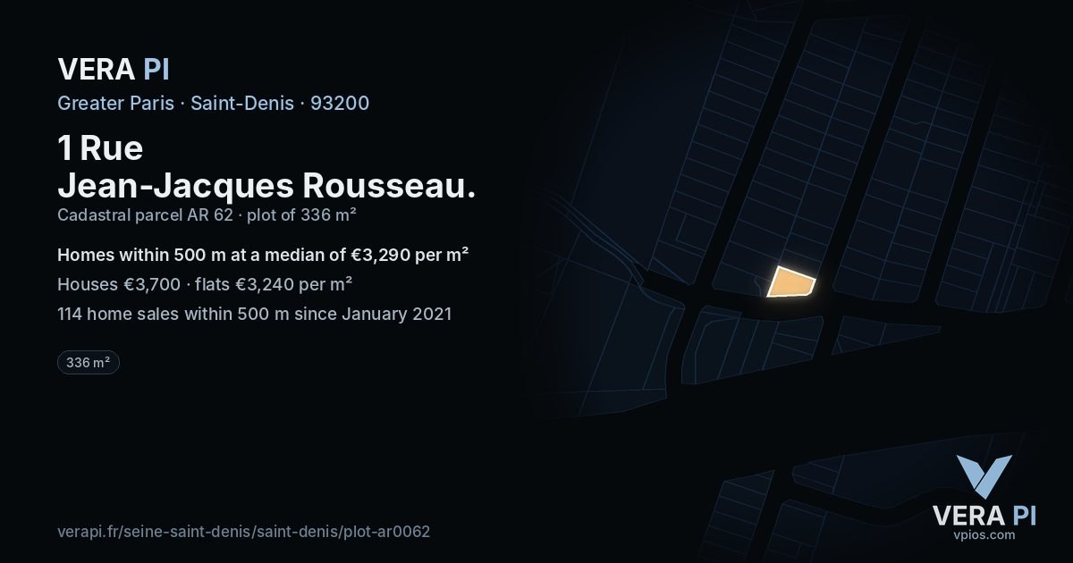 1 Rue Jean-Jacques Rousseau, Saint-Denis at night – the plot lit, the parcels around coloured by the prices near them