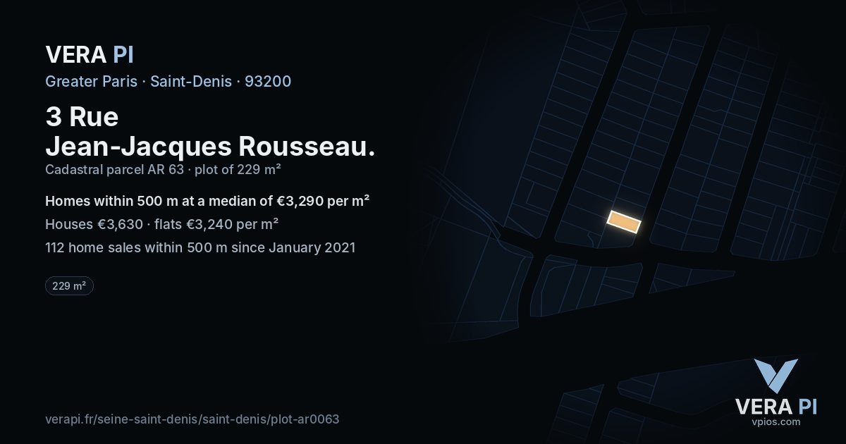 3 Rue Jean-Jacques Rousseau, Saint-Denis at night – the plot lit, the parcels around coloured by the prices near them