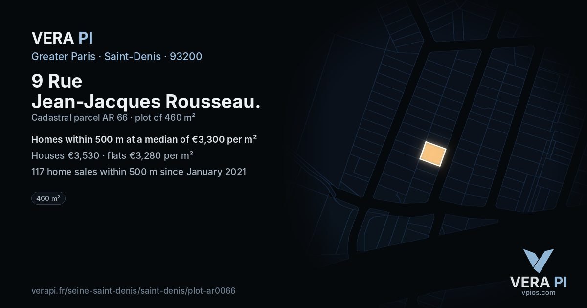 9 Rue Jean-Jacques Rousseau, Saint-Denis at night – the plot lit, the parcels around coloured by the prices near them