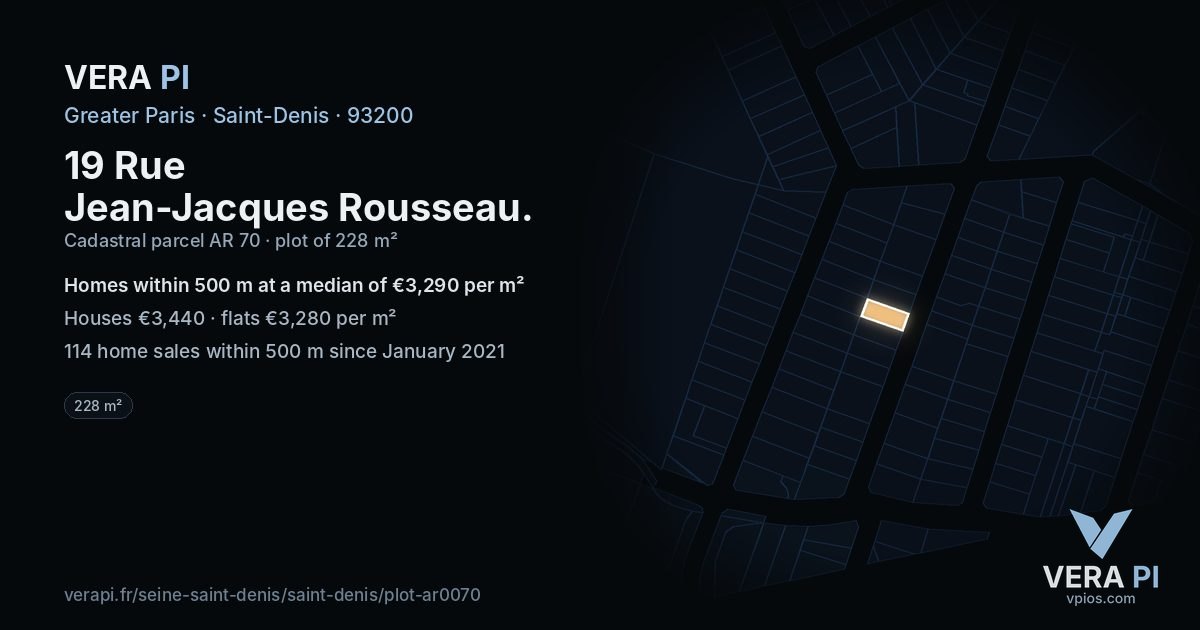 19 Rue Jean-Jacques Rousseau, Saint-Denis at night – the plot lit, the parcels around coloured by the prices near them