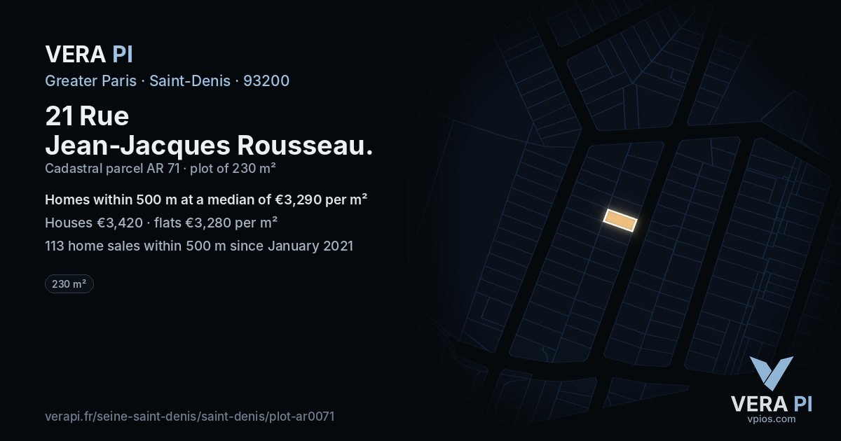 21 Rue Jean-Jacques Rousseau, Saint-Denis at night – the plot lit, the parcels around coloured by the prices near them